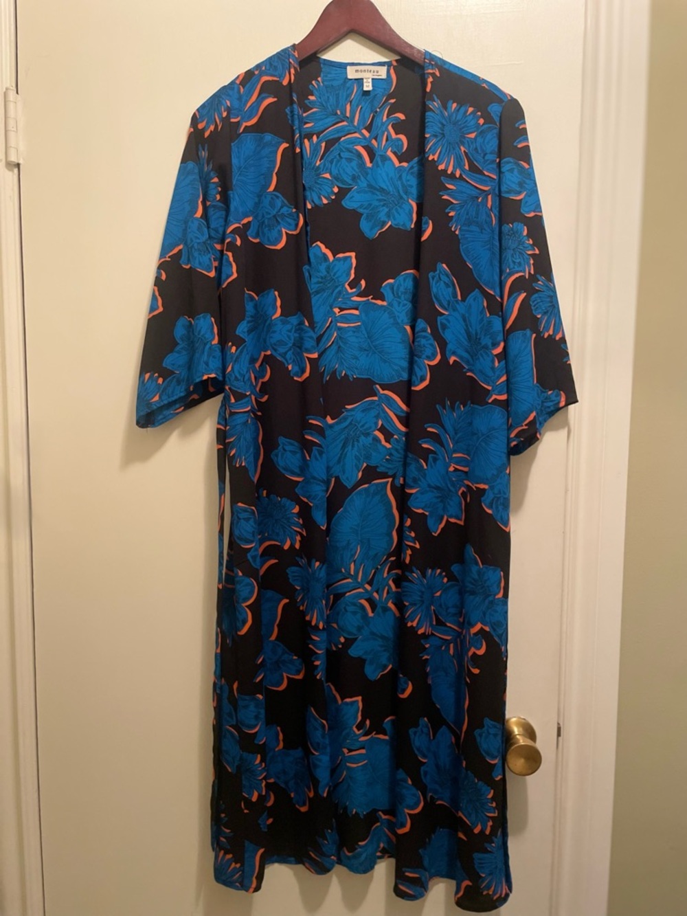 Kaftan with Vibrant Blue and Orange Tropical Print made by Monteau Size Medium